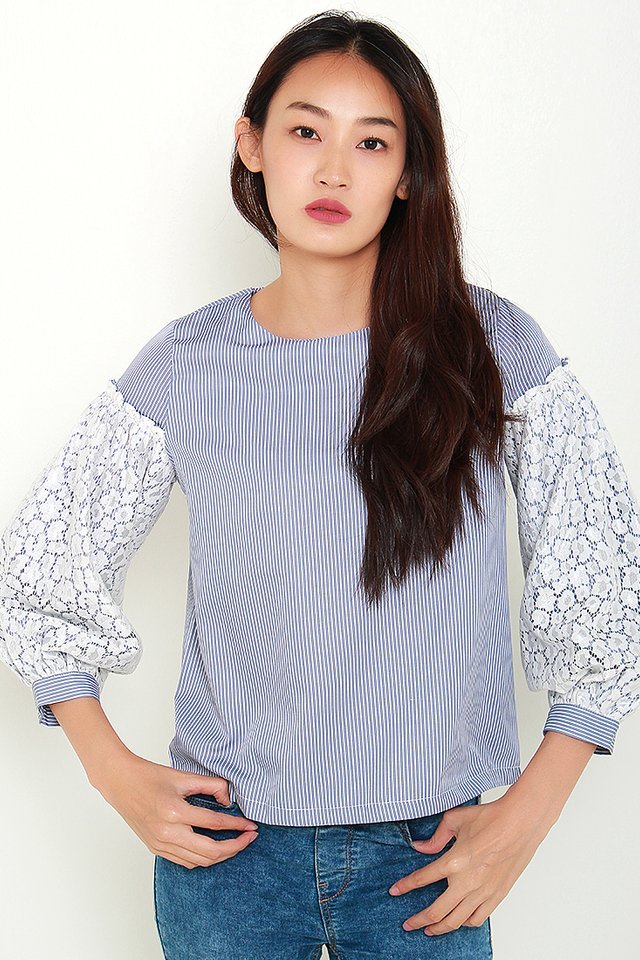 Esme Pinstriped Lace Sleeves Blouse (Light Blue)