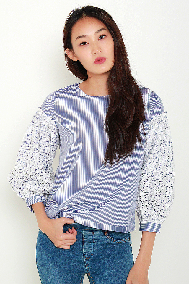 Esme Pinstriped Lace Sleeves Blouse (Light Blue)