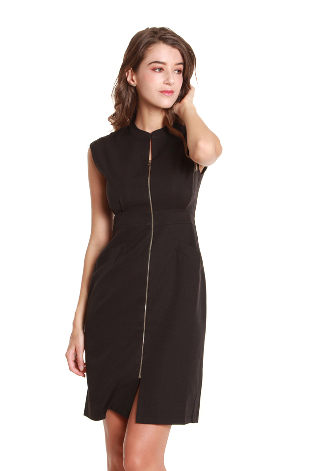 Verena Front Zip Dress in Black