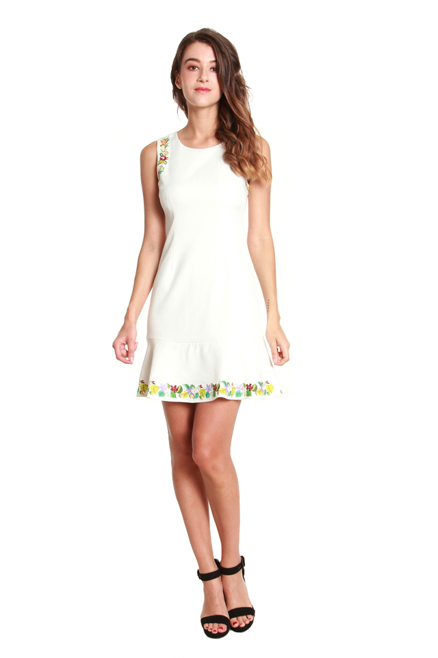 Laura Flower Trimmed Dress in White