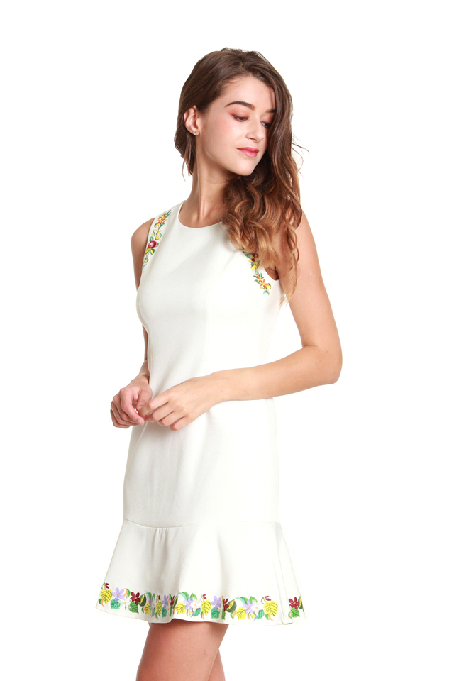 Laura Flower Trimmed Dress in White