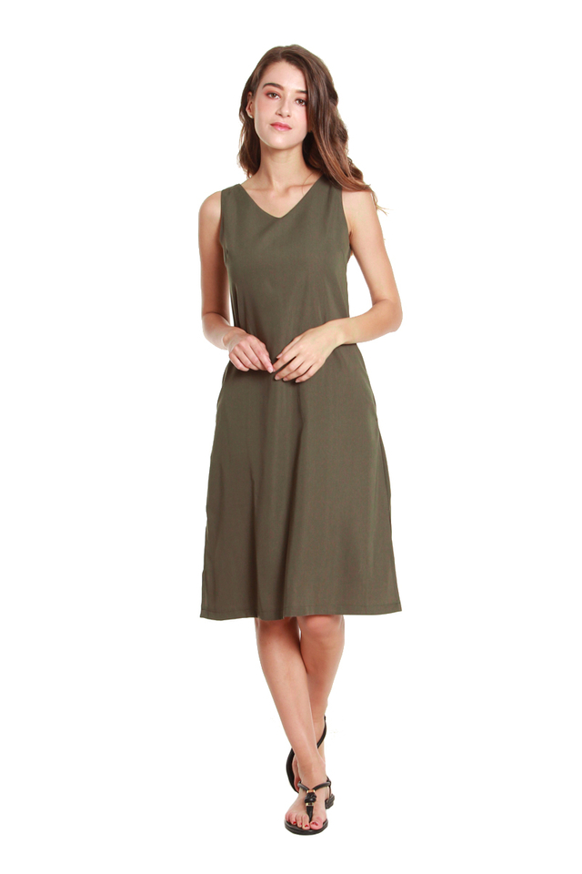 Emery Classic Sleeveless Midi Dress in Olive