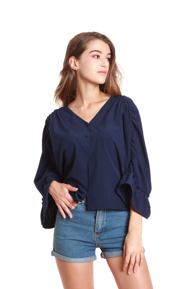 Brenna Ruched Batwing Blouse in Navy Blue