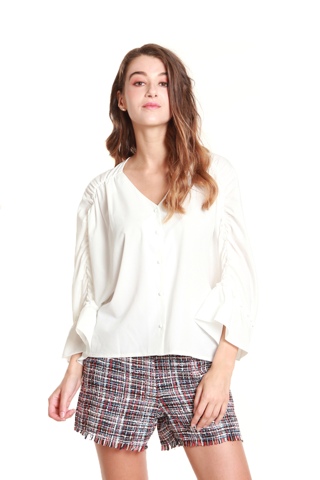 Brenna Ruched Batwing Blouse in White