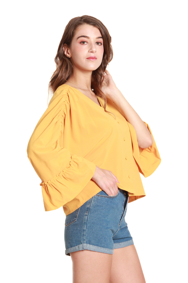Brenna Ruched Batwing Blouse in Mustard