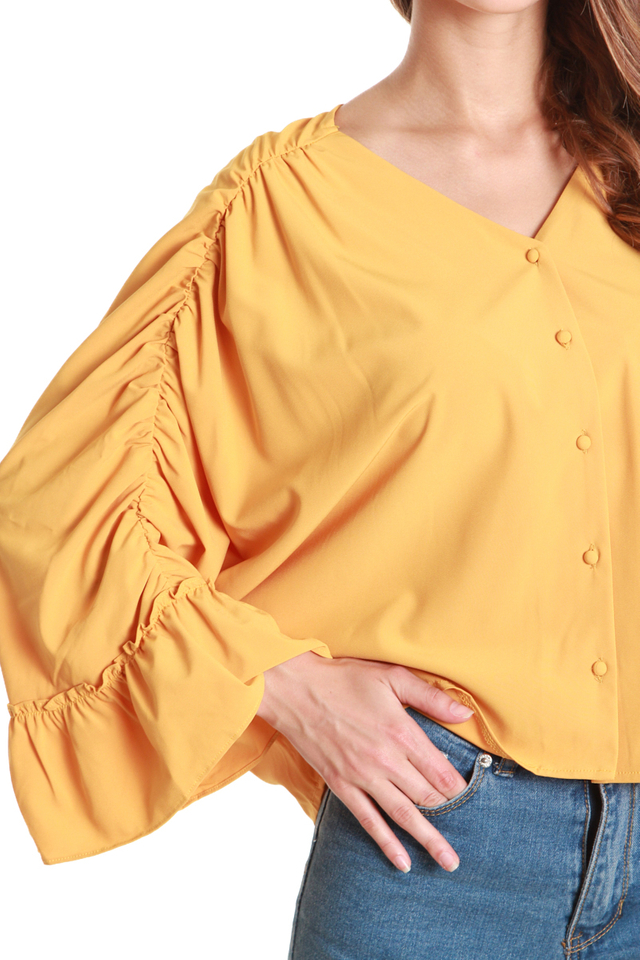Brenna Ruched Batwing Blouse in Mustard