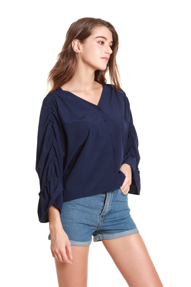 Brenna Ruched Batwing Blouse in Navy Blue