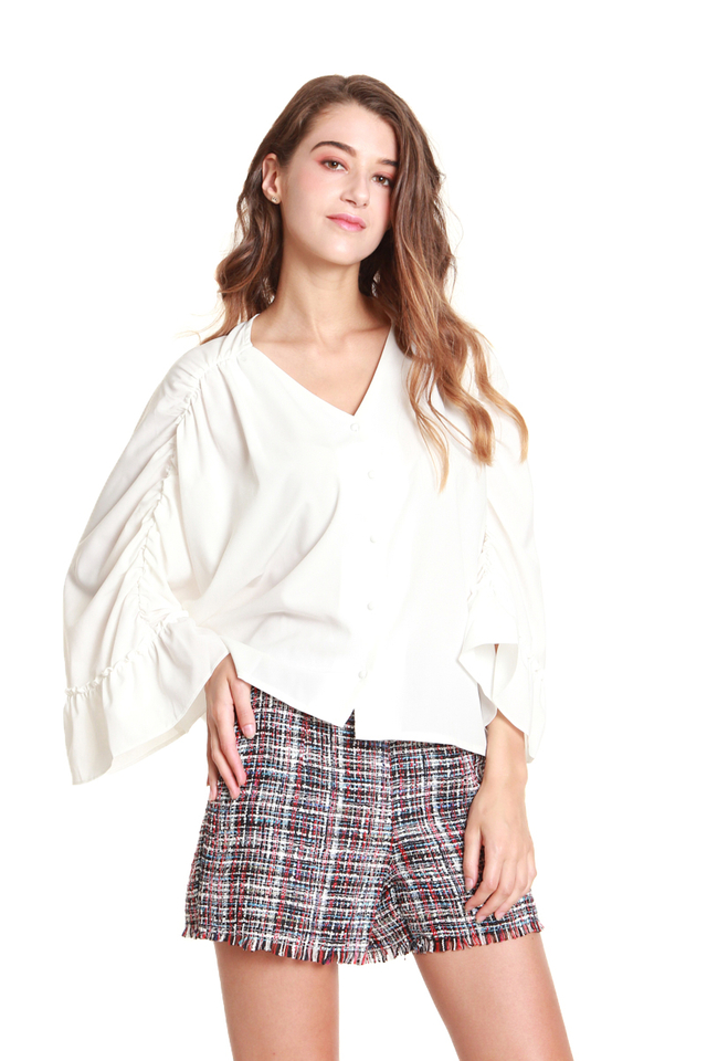 Brenna Ruched Batwing Blouse in White