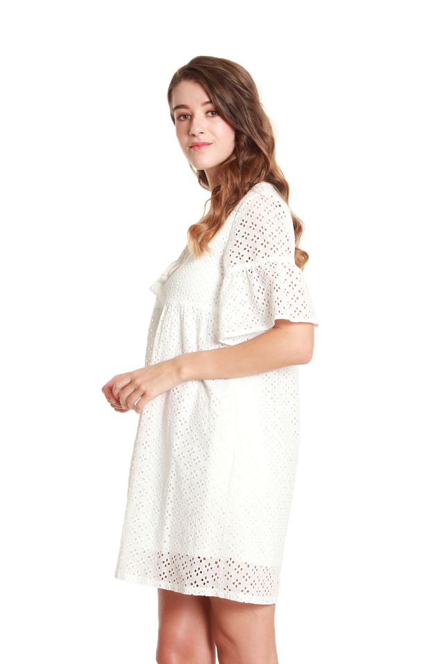 Emilia Tassel-Tie Eyelet Babydoll Dress in White