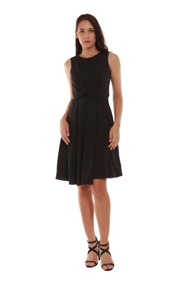 Madelyn Fit and Flare Twist Dress in Black