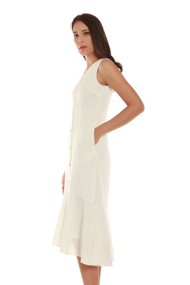Lila Button-Front Fishtail Midi Dress in White