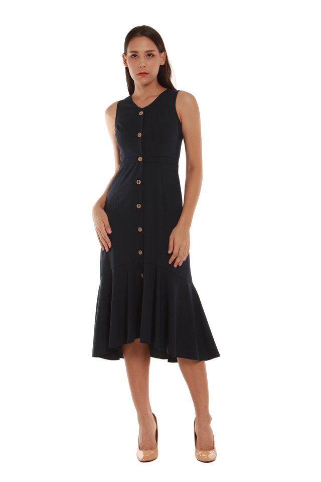 Lila Button-Front Fishtail Midi Dress in Navy Blue