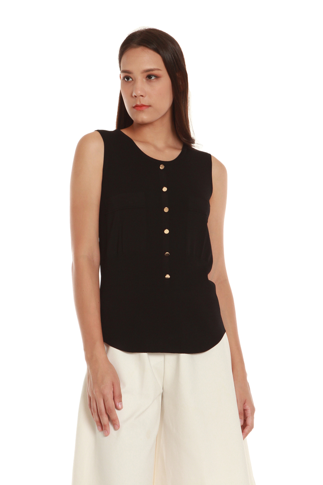 Christa Button Front Tank Blouse in Black