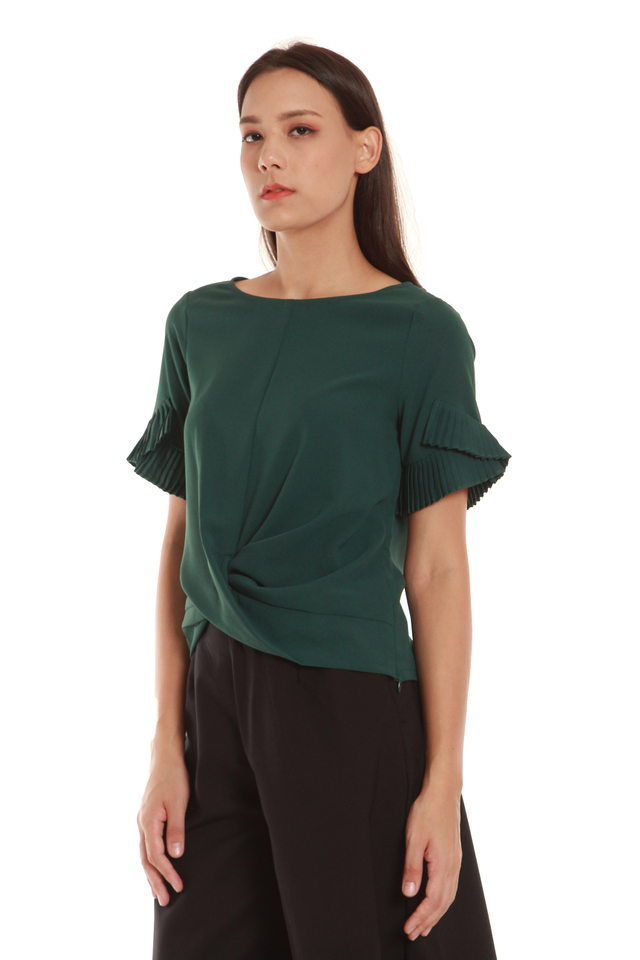 Janey Pleated Sleeve Twist Blouse in Forest Green
