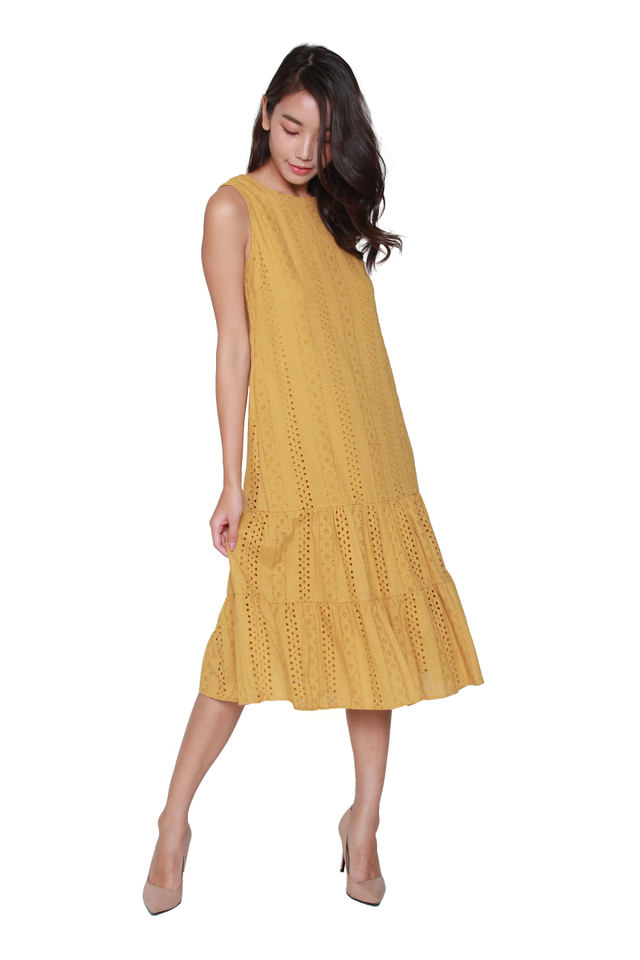 Nyla Eyelet Midi Dress in Mustard