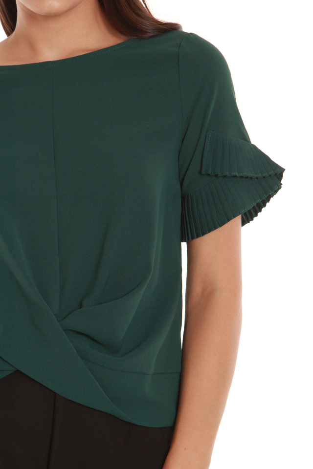 Janey Pleated Sleeve Twist Blouse in Forest Green