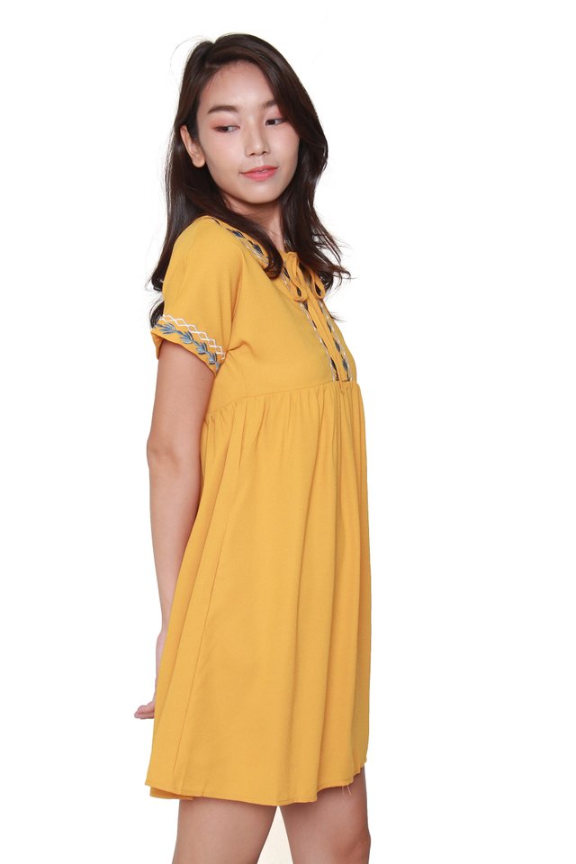 Della Embroidery Babydoll Dress in Mustard