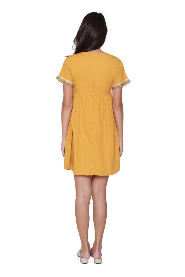 Della Embroidery Babydoll Dress in Mustard
