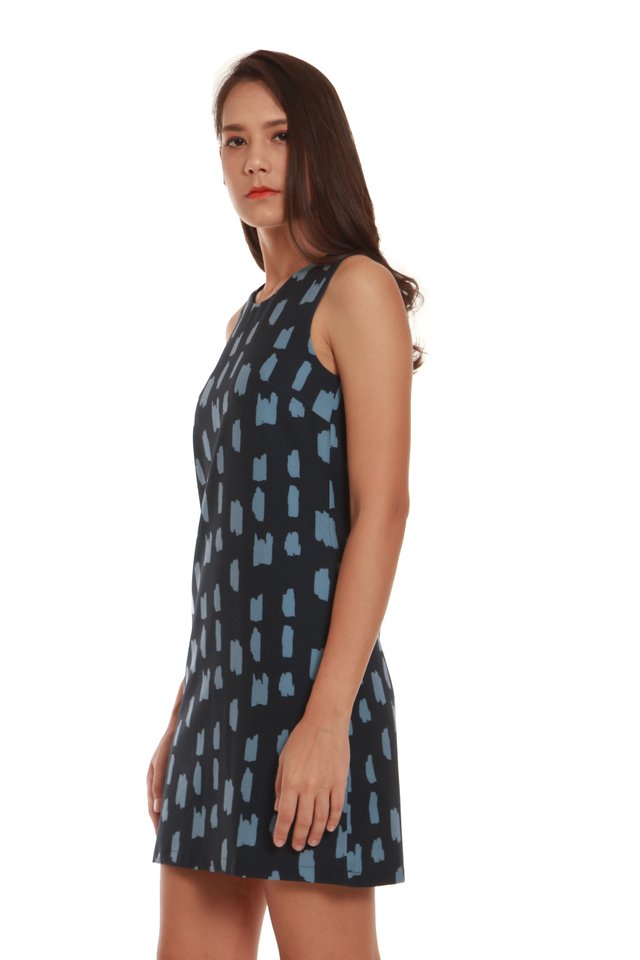 Beatrice Brush Strokes Print Mini Dress in Navy Blue