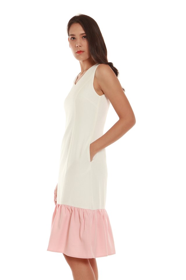 Cassandra Modern Drop Hem Midi Dress in White/Pink