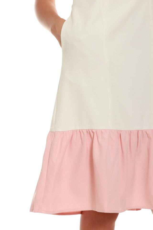 Cassandra Modern Drop Hem Midi Dress in White/Pink