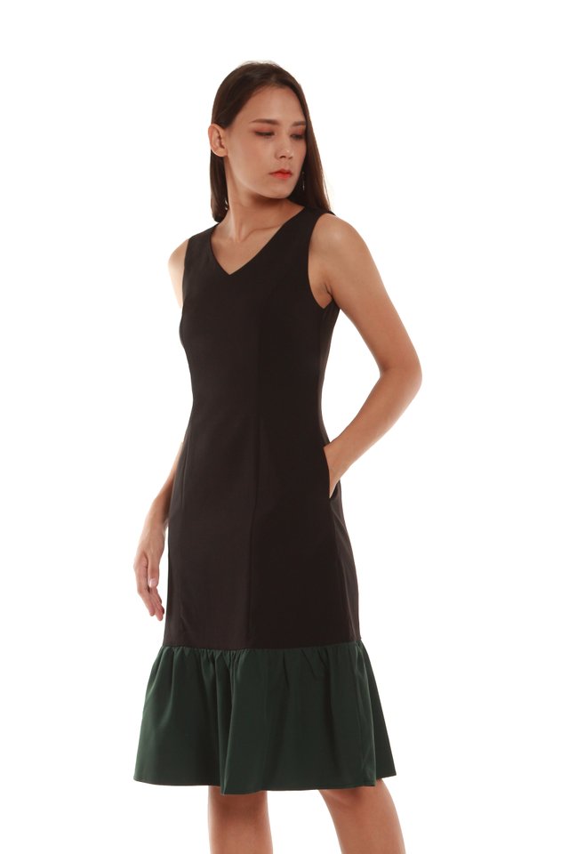 Cassandra Modern Drop Hem Midi Dress in Black/Forest Green