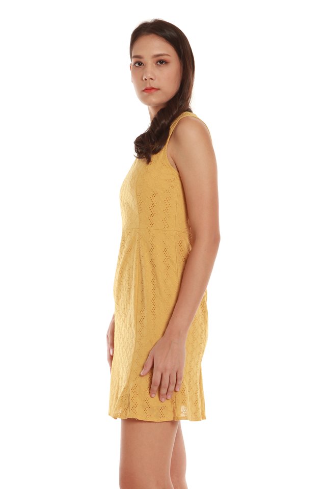 Sierra Eyelet Mini Dress in Mustard