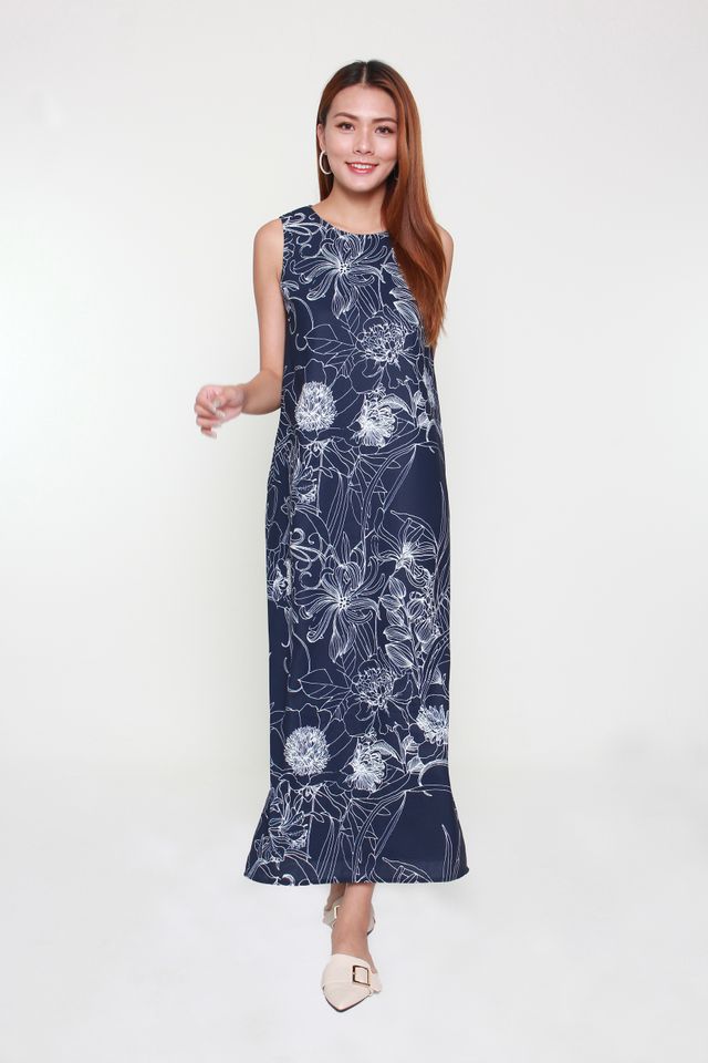 Variel Maxi Floral Dress in Navy Blue