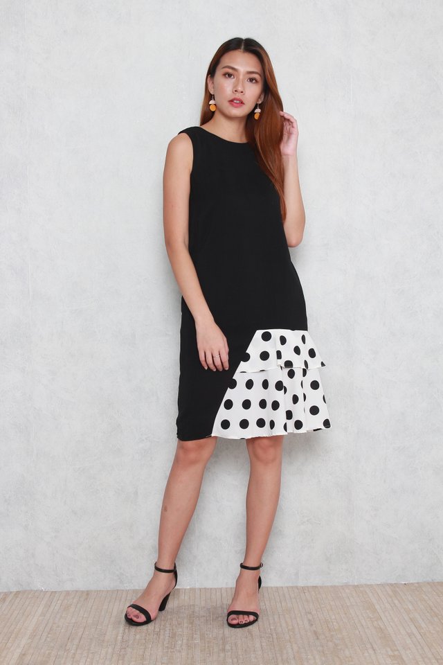 Willa Colorblock Layered Polka Dots Dress in Black