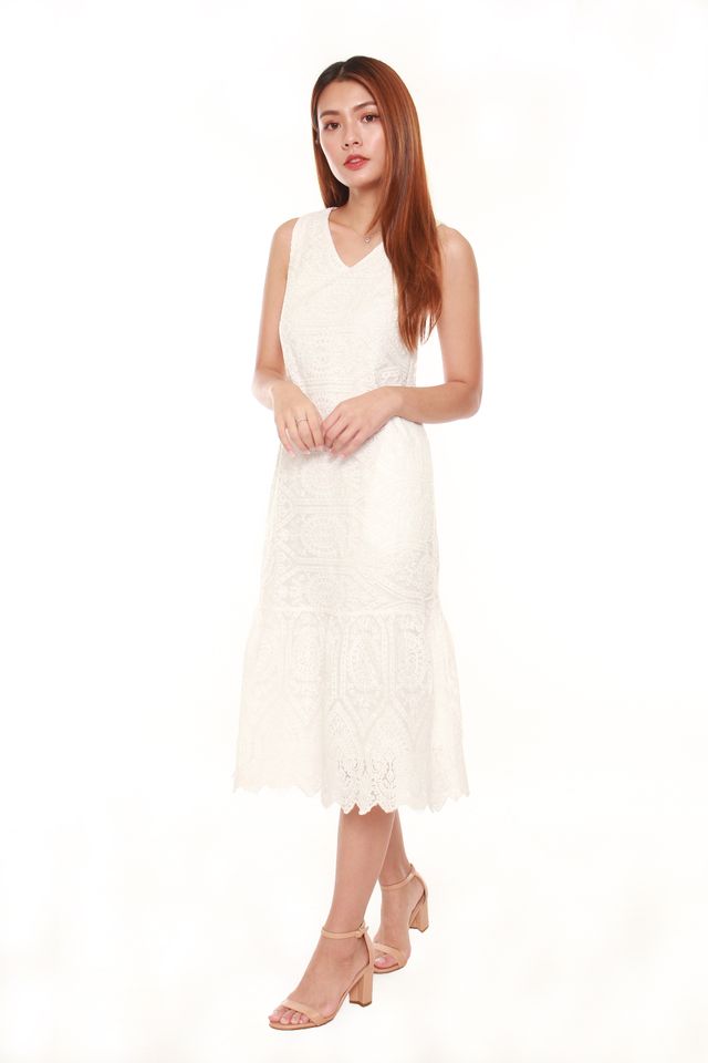Janessa Layered Lace Midi Dress in White