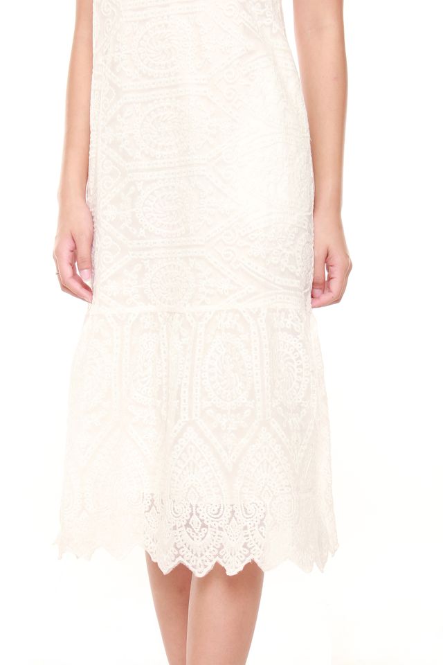 Janessa Layered Lace Midi Dress in White