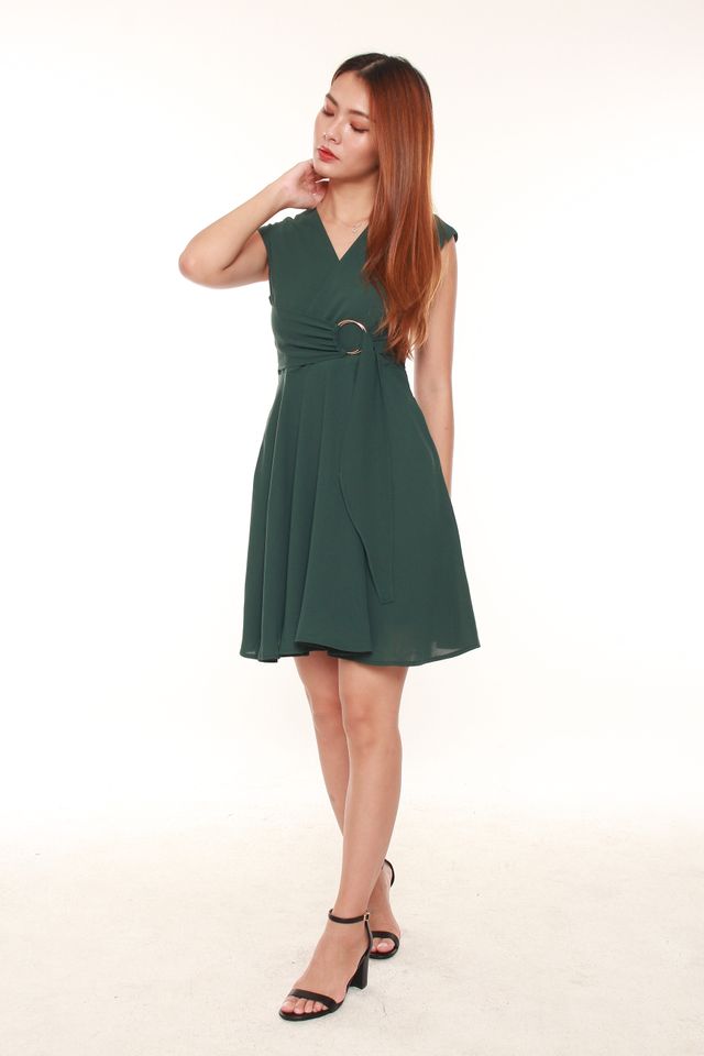 Lavera Faux Wrap Dress with Rings in Forest Green