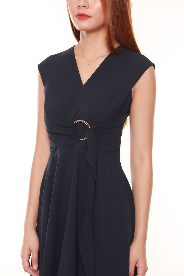 Lavera Faux Wrap Dress with Rings in Navy Blue