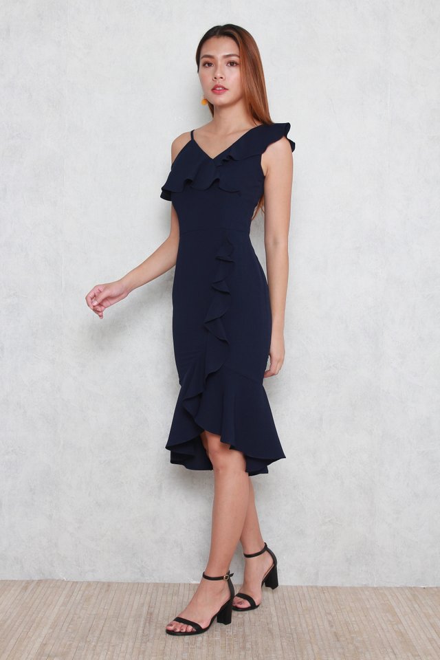 Therese Ruffled Dress in Navy Blue