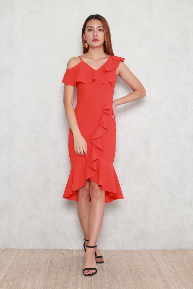 Therese Ruffled Dress in Vermilion