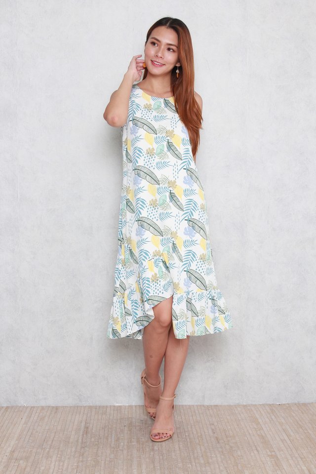 Evie Tropical Abstract Hem Midi Dress in Yellow