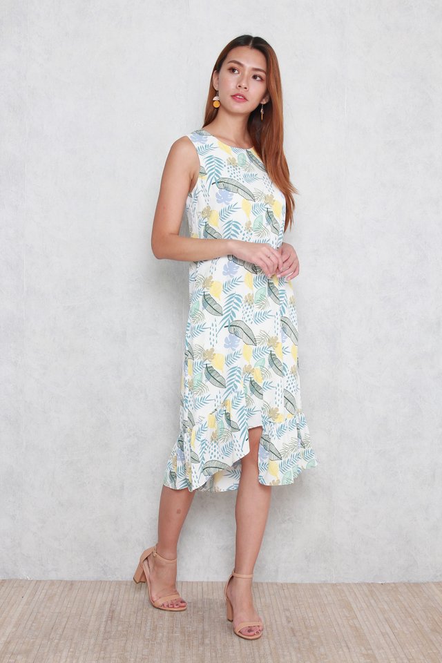 Evie Tropical Abstract Hem Midi Dress in Yellow