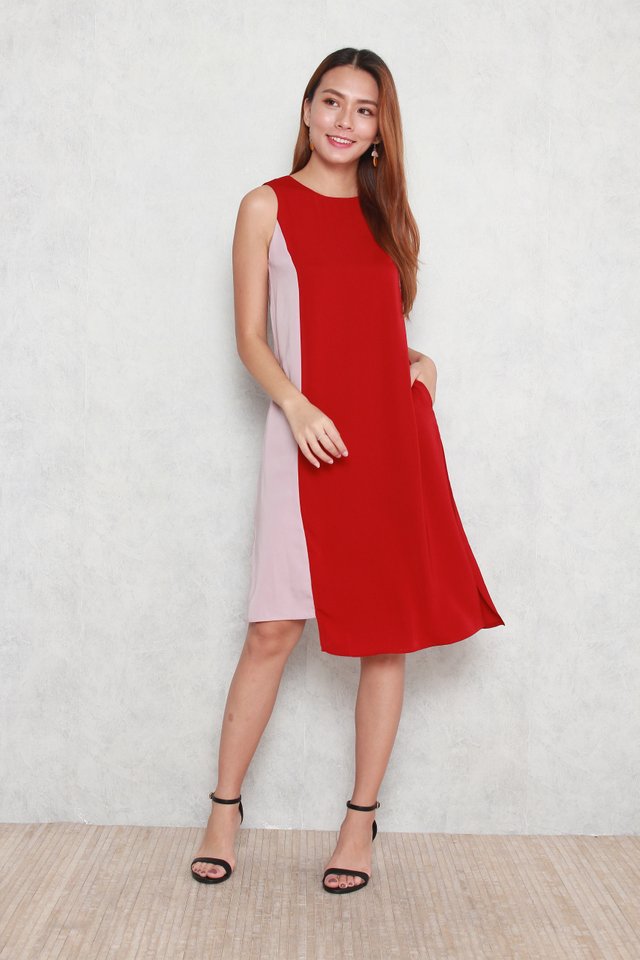 Elina Colourblock Slit Dress in Red