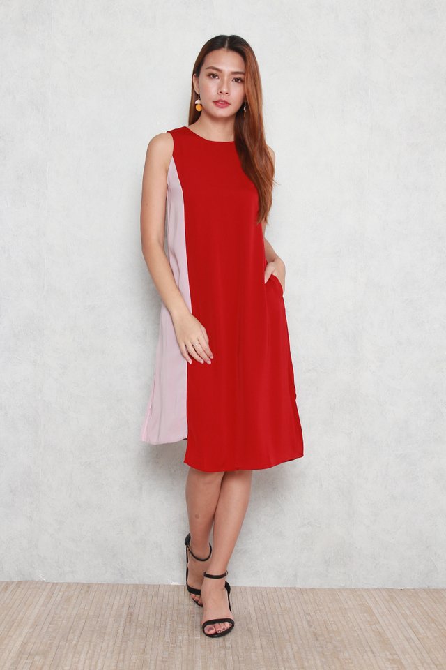 Elina Colourblock Slit Dress in Red
