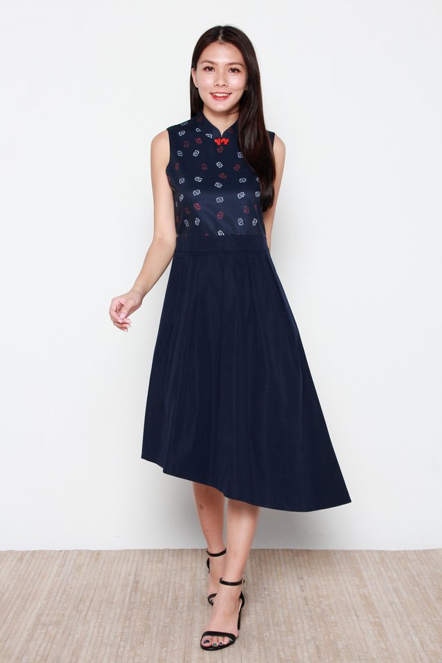 Akemi Kitten Motif Colorblock Cheongsam Dress in Navy Blue