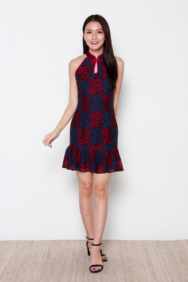 Kwan Cut-In Keyhole Duo Colour Lace Cheongsam Dress in Red/Blue