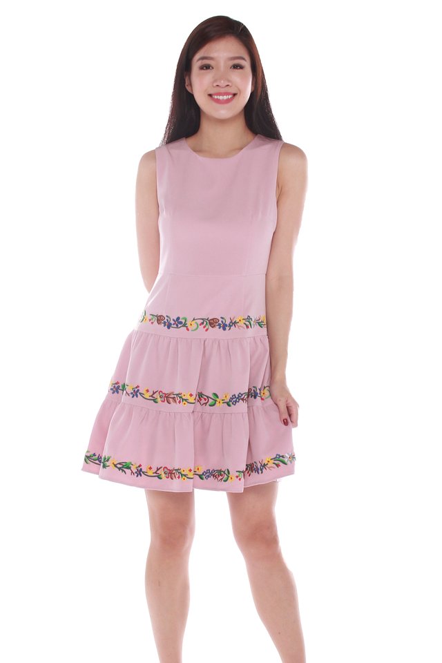 Sylvie Embroidery Skater Dress in Pink