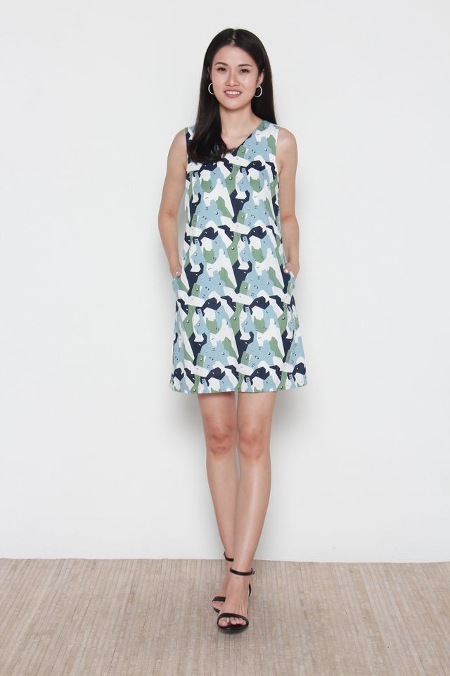 Laila Sleeveless Abstract Print Dress in Blue
