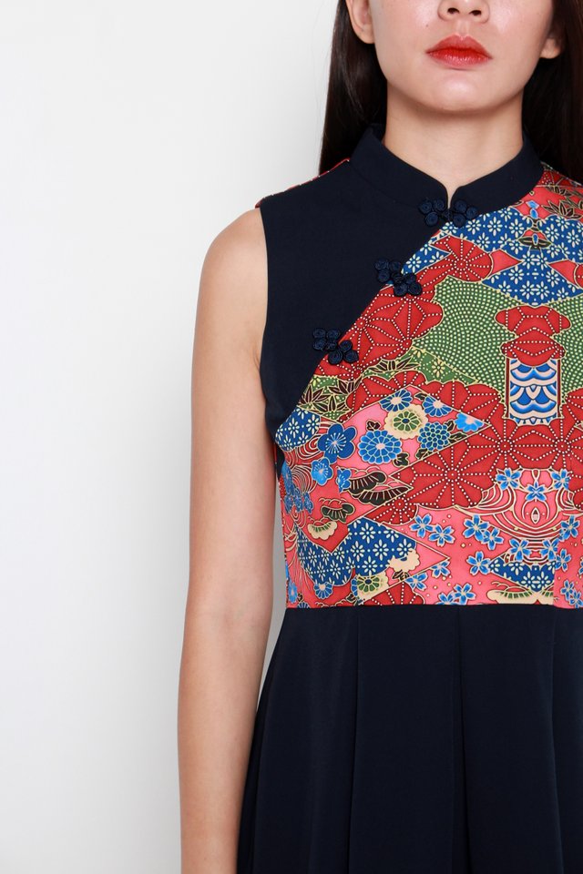 Hiromi Oriental Prints Cheong Sam Dress in Navy Blue
