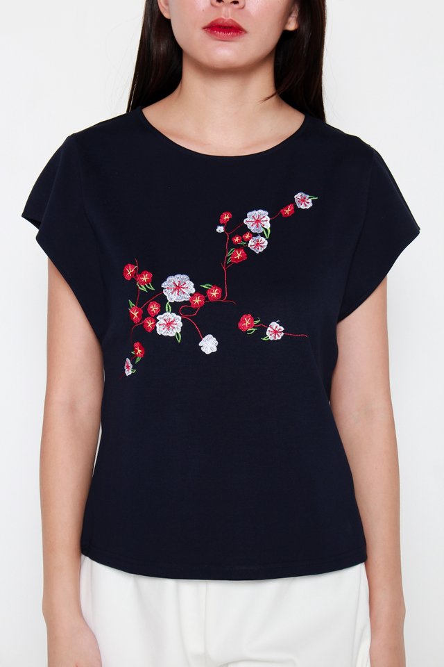 Sakura Embroidery Top in Navy Blue