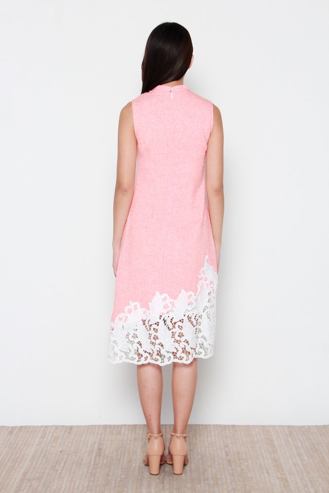 Coral Asymmetrical Lace Removable Collar Cheongsam Dress