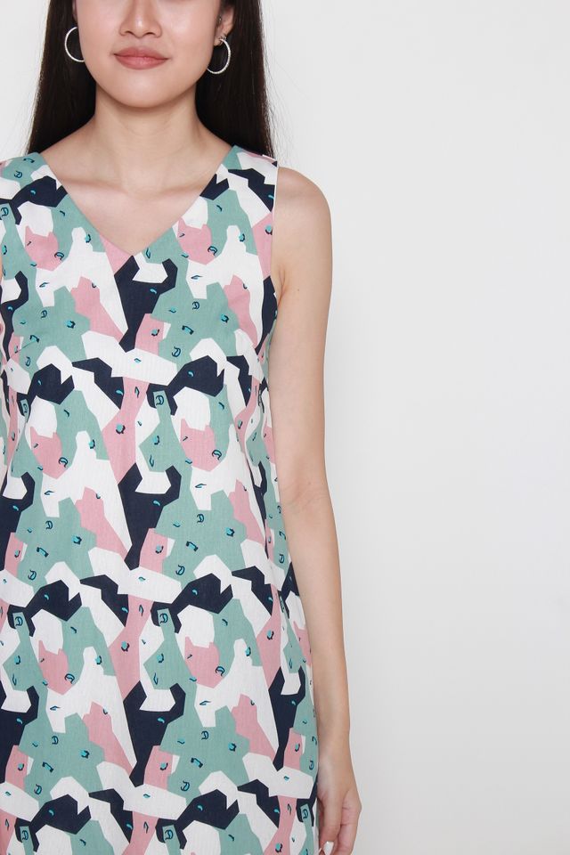 Laila Sleeveless Abstract Print Dress in Mint