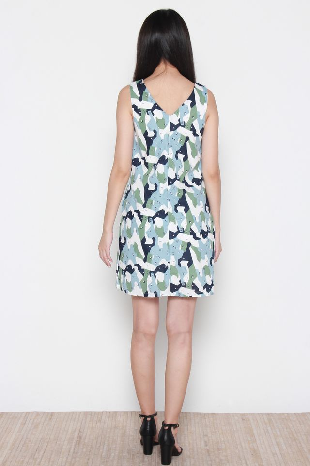 Laila Sleeveless Abstract Print Dress in Blue