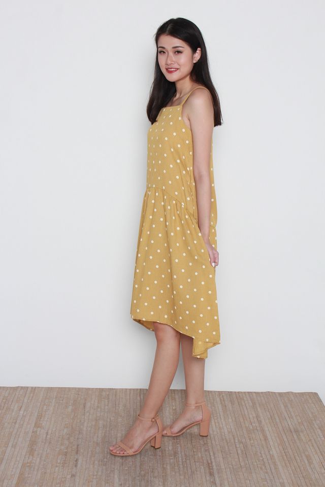 Arlena Square Neck Polka Dots Hi-Low Dress in Mustard