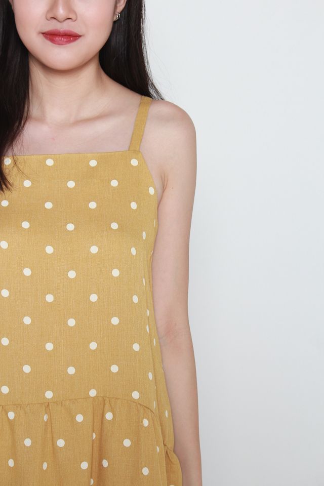Arlena Square Neck Polka Dots Hi-Low Dress in Mustard